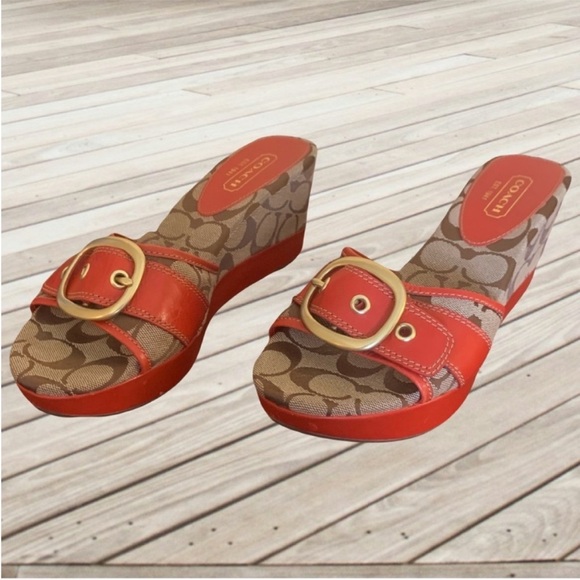 Coach Red and Tan Patterned Wedge Sandals - Picture 1 of 4